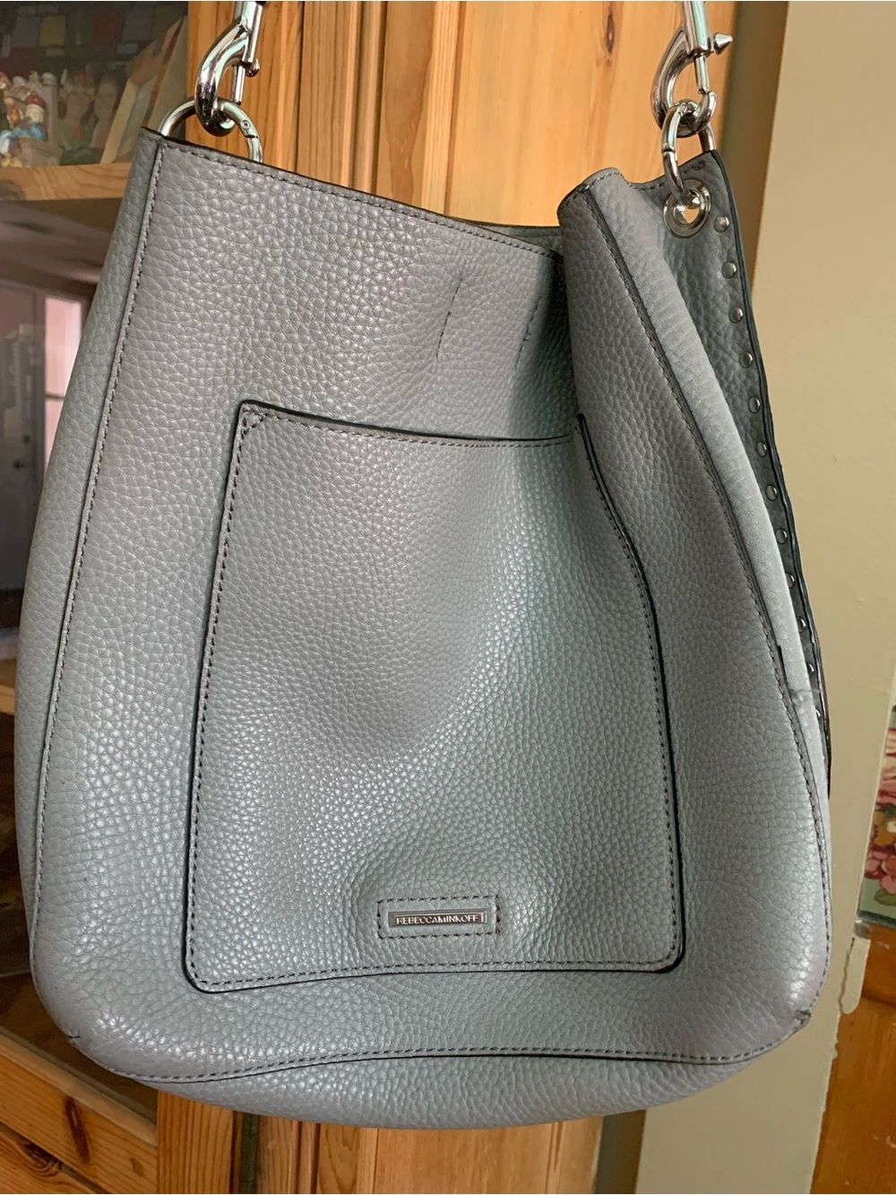 Rebecca Minkoff Gray Pebbled Leather Shoulder Bag with Front Pocket